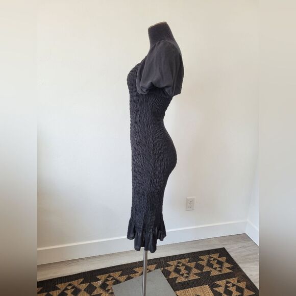 Trixxi Black Smocked Ruched Midi Dress Puff Sleeves Ruffle Vamp Witch Whimsigoth - Picture 4 of 12